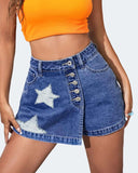 Flvsun women's high waisted denim skort shorts with star print and button details, perfect for casual Y2K style.