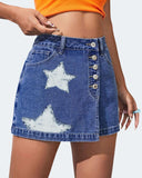 Flvsun women's high waisted denim skort shorts with star print, casual A-line mini design in blue.