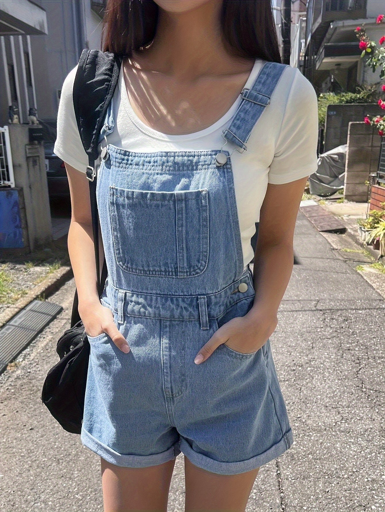 Flvsun-Women's Casual Denim Jumpsuit with Adjustable Straps & Pockets - Loose Fit Wide Leg Water-Washed Denim Dress