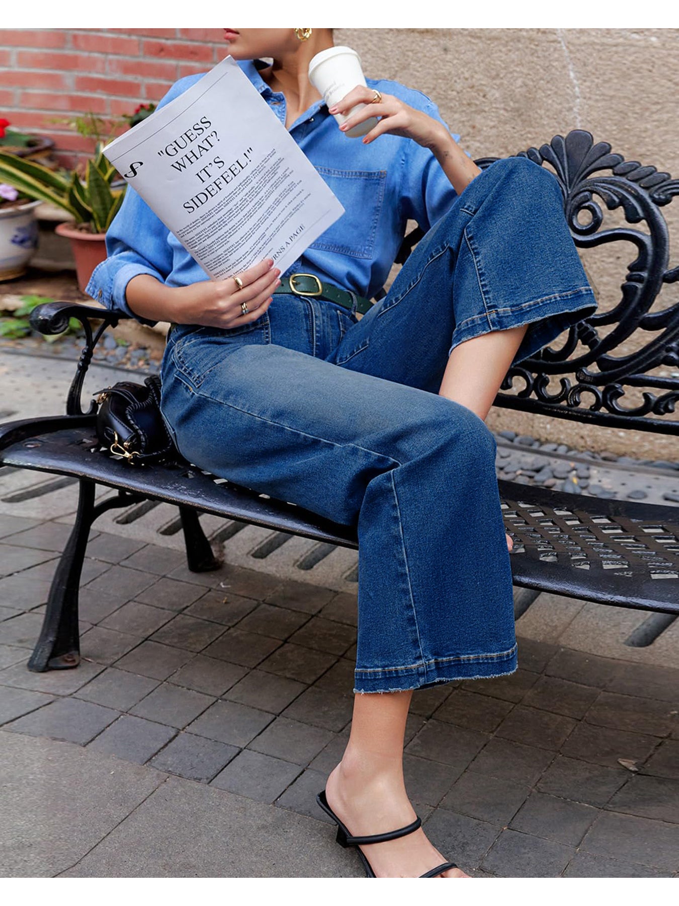 Flvsun-Women'S High-Waisted Stretch Denim Wide-Leg Pants