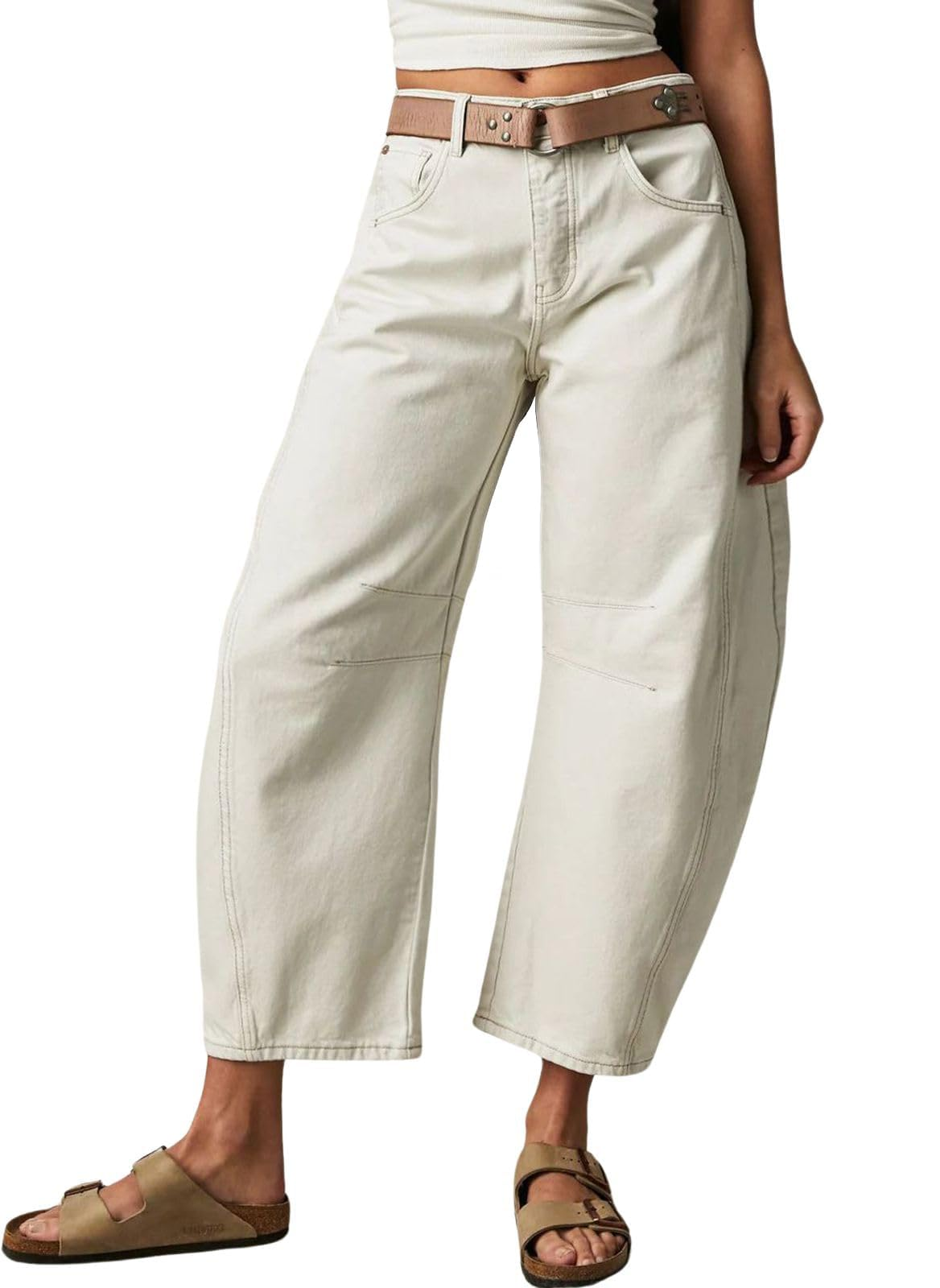 Flvsun-Mid Rise Vintage Barrel Jeans for Women - Wide Leg, Stretchy, Cropped, Baggy Boyfriend Style