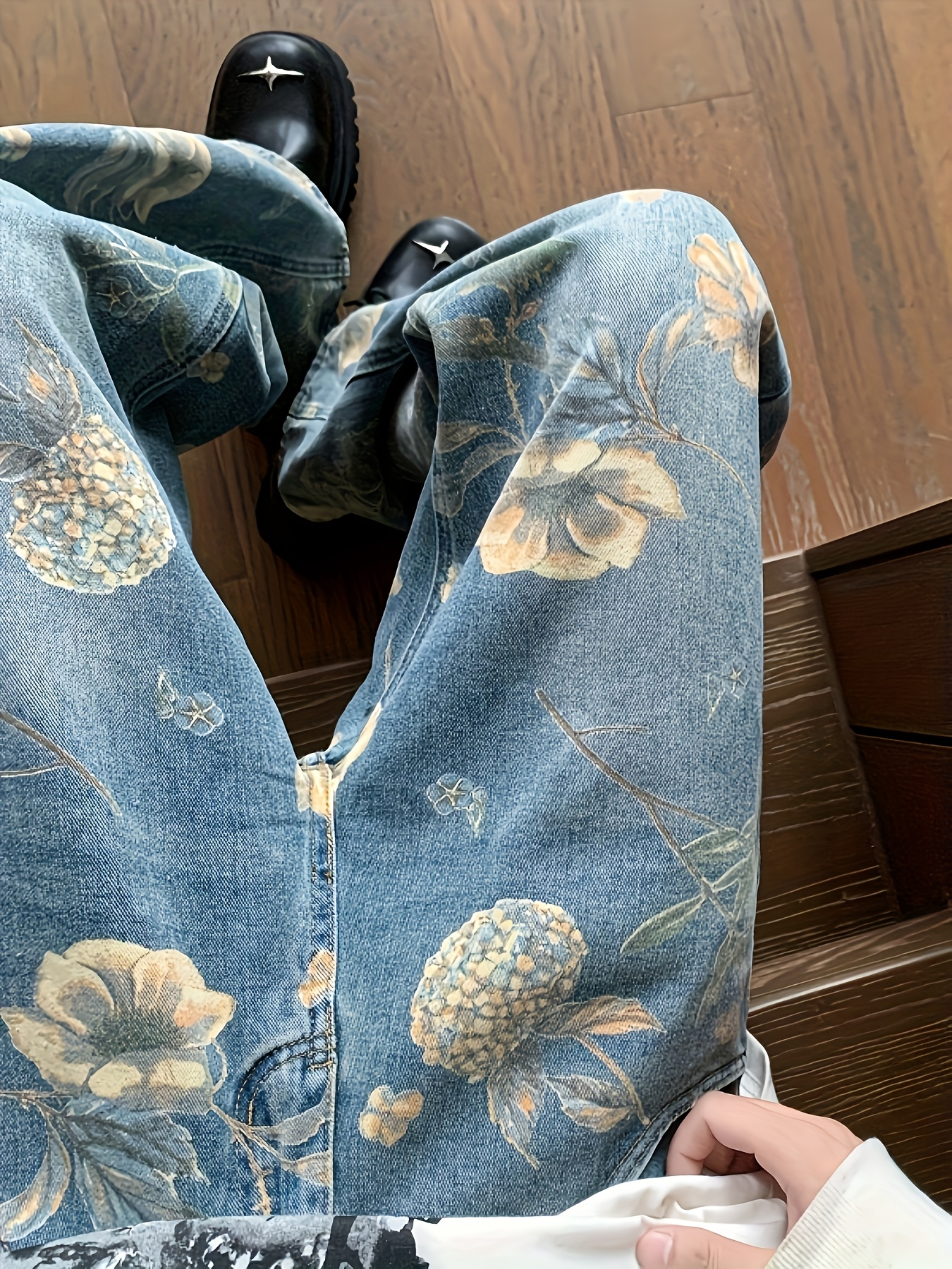 Flvsun-Women's Golden Floral Print Wide Leg Jeans