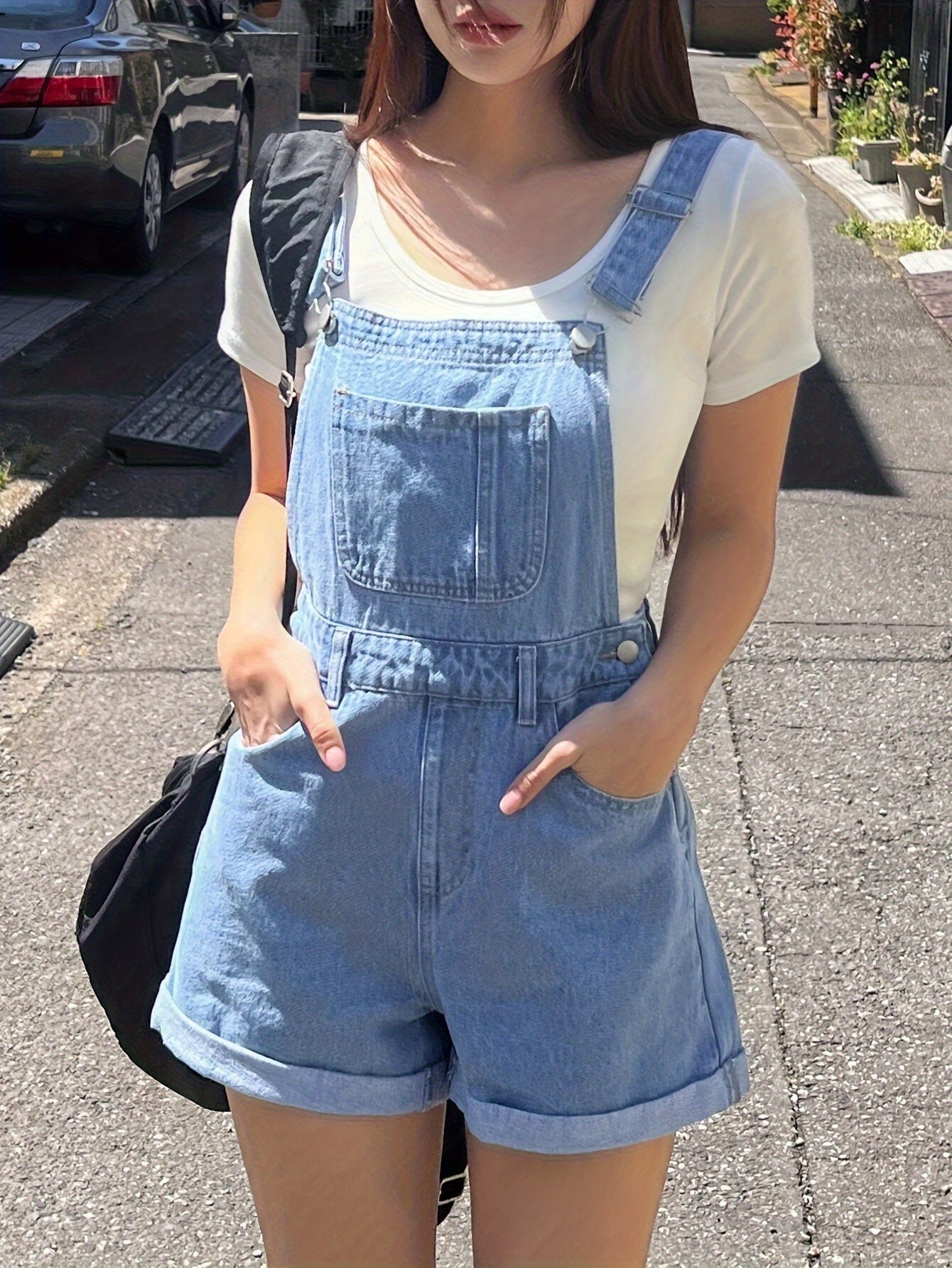 Flvsun-Women's Casual Denim Jumpsuit with Adjustable Straps & Pockets - Loose Fit Wide Leg Water-Washed Denim Dress
