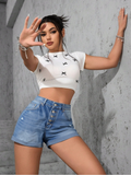 Flvsun-Women'S Mid Waist Ripped Denim Shorts-Casual Faux Denim Hot Pants