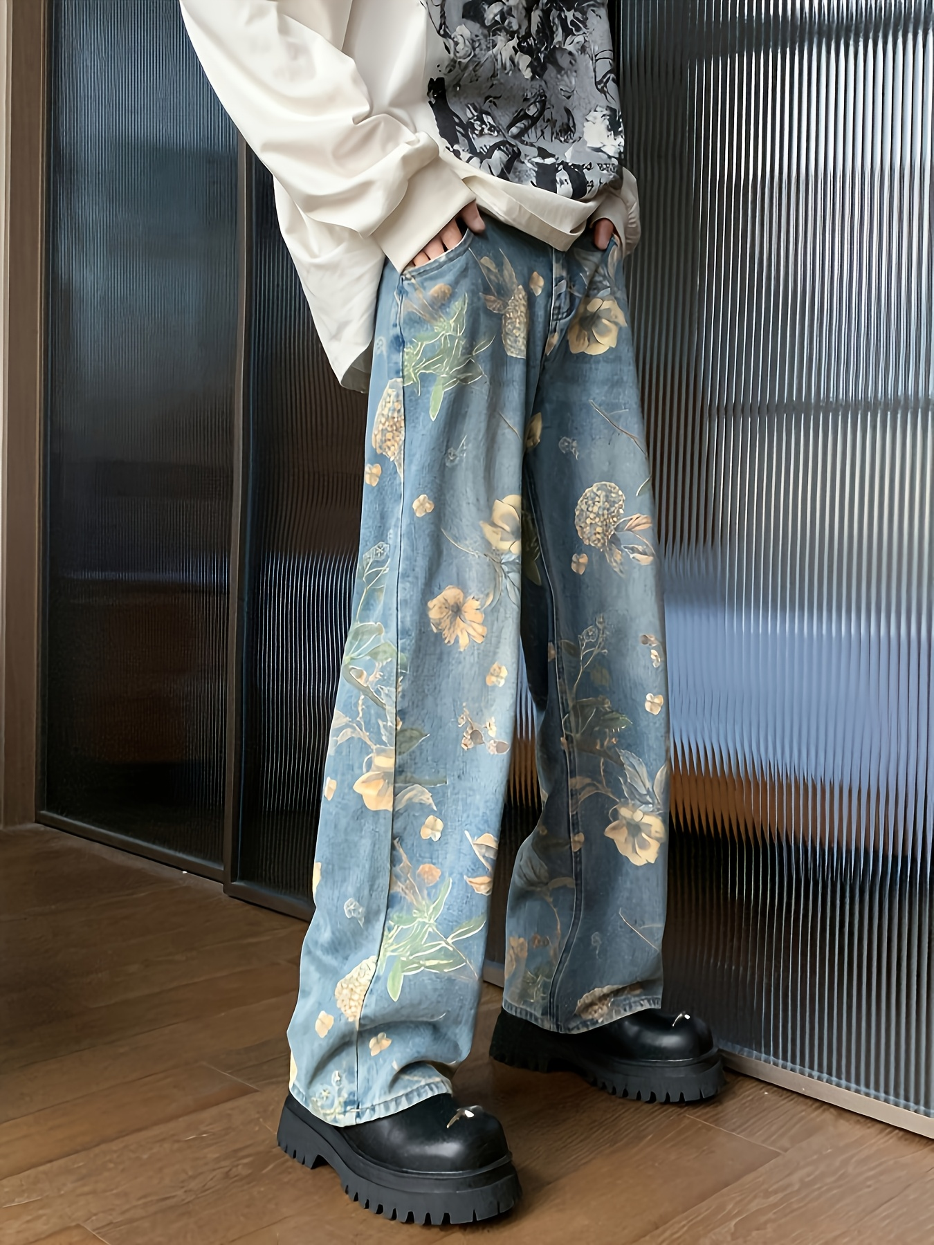 Flvsun-Women's Golden Floral Print Wide Leg Jeans