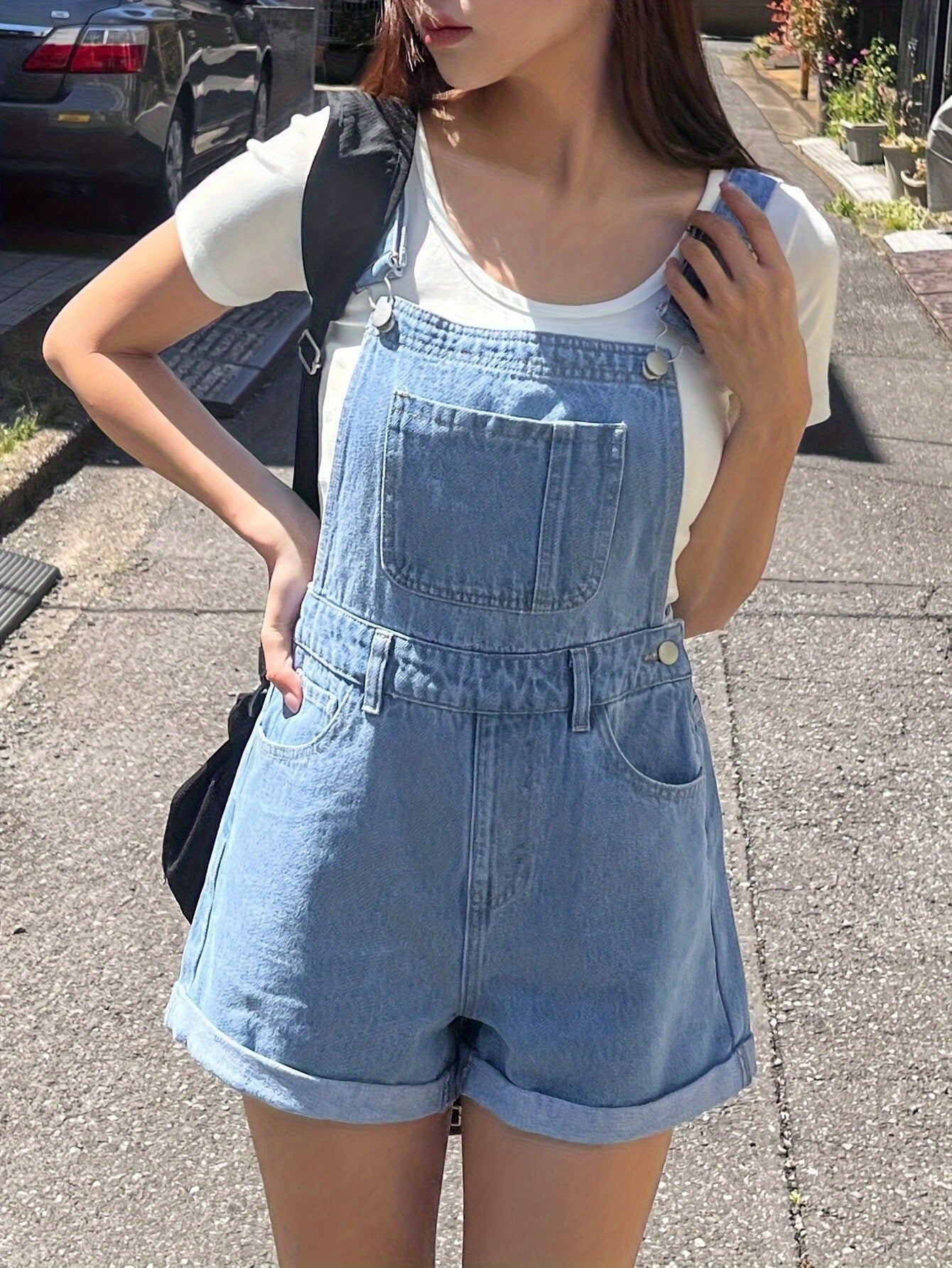 Flvsun-Women's Casual Denim Jumpsuit with Adjustable Straps & Pockets - Loose Fit Wide Leg Water-Washed Denim Dress