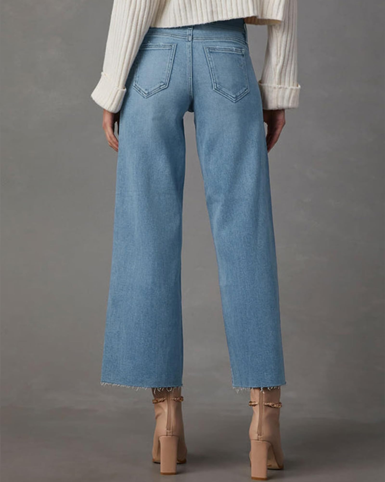 Women's High Waisted Wide Leg Jeans Stretch Capri Denim Pants with Ripped Trendy Straight Ankle Jeans