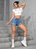 Flvsun-Women'S Mid Waist Ripped Denim Shorts-Casual Faux Denim Hot Pants