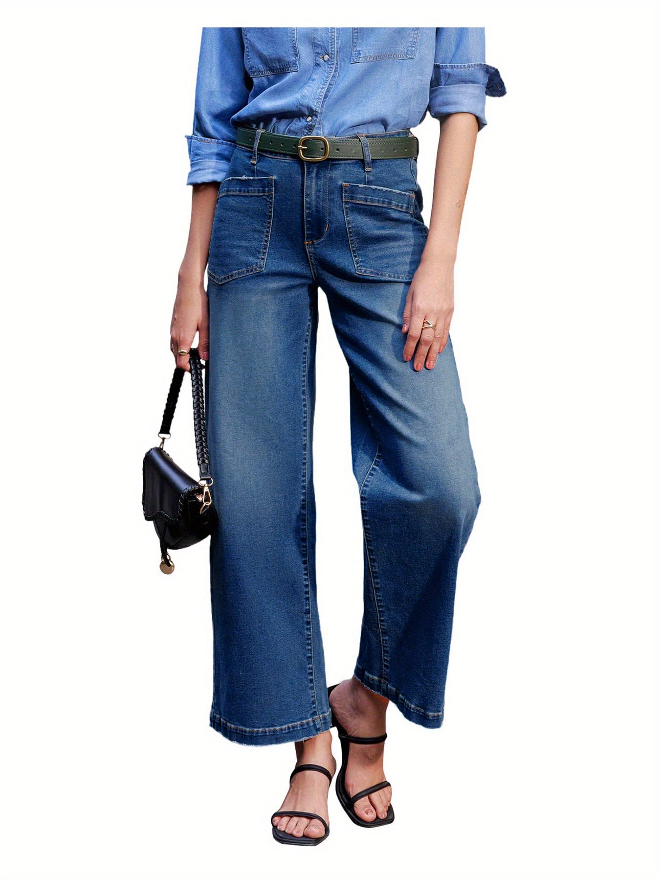 Flvsun-Women'S High-Waisted Stretch Denim Wide-Leg Pants