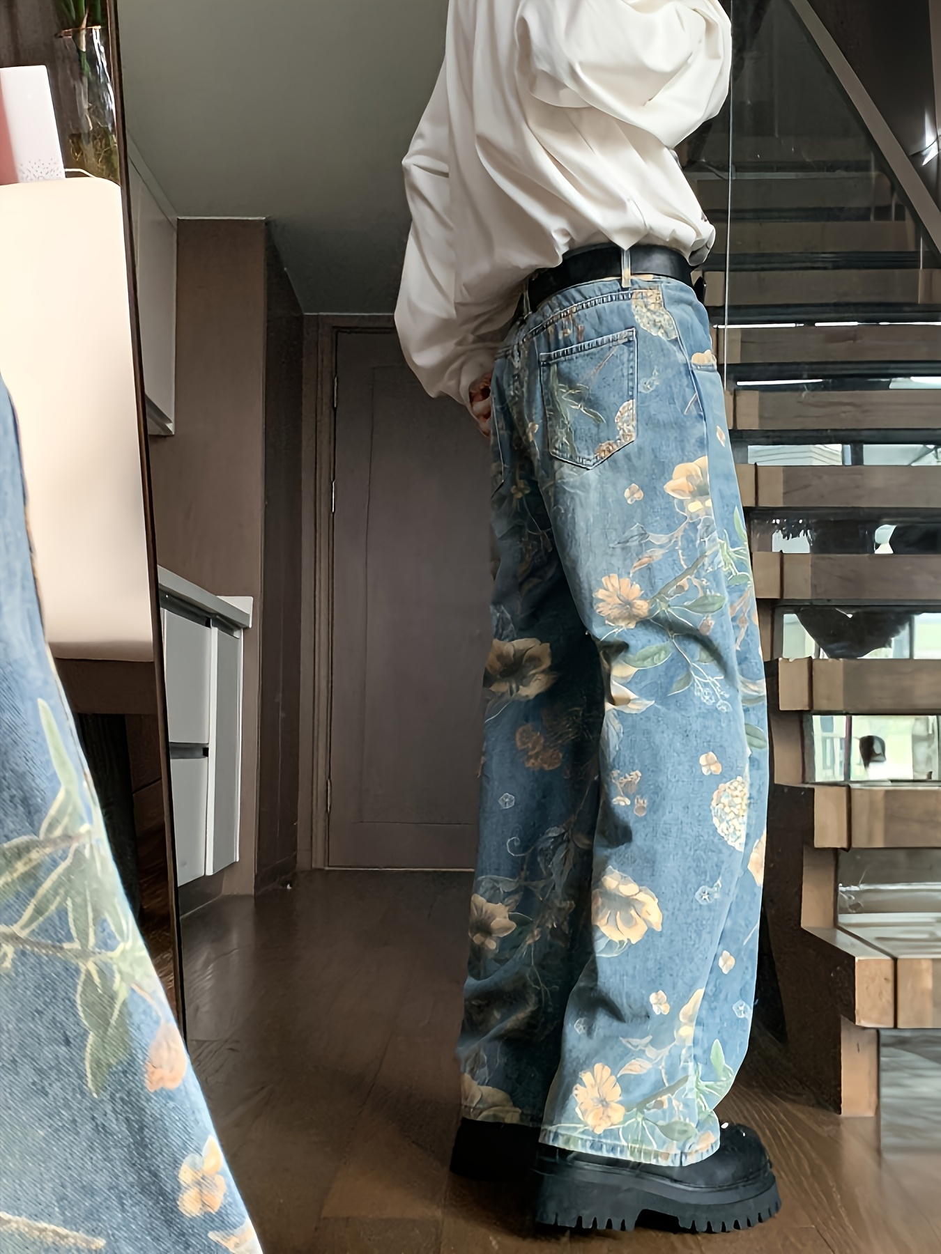 Flvsun-Women's Golden Floral Print Wide Leg Jeans