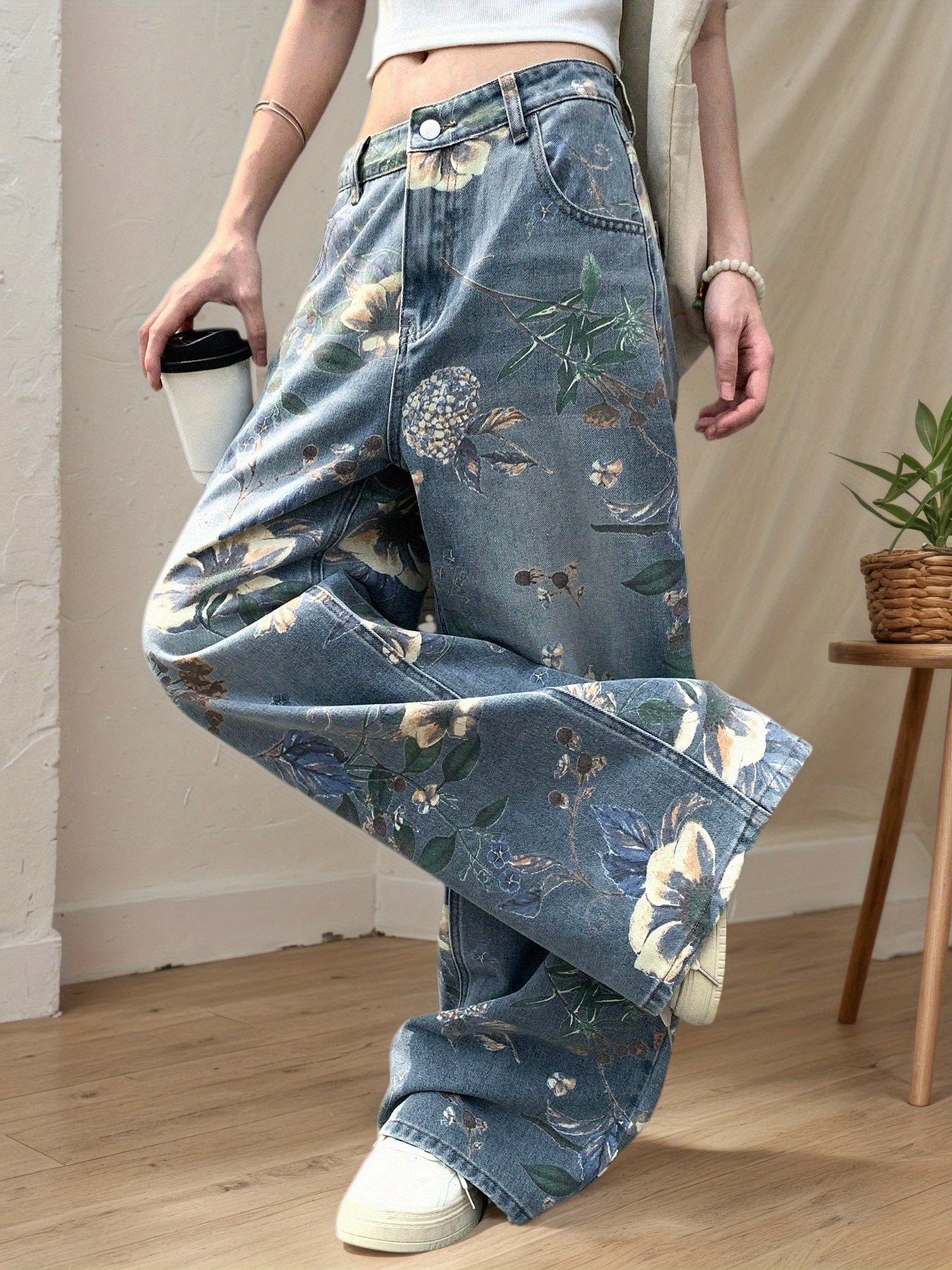 Flvsun-Women'S 90s Vintage Floral Print High Waisted Straight Leg Jeans