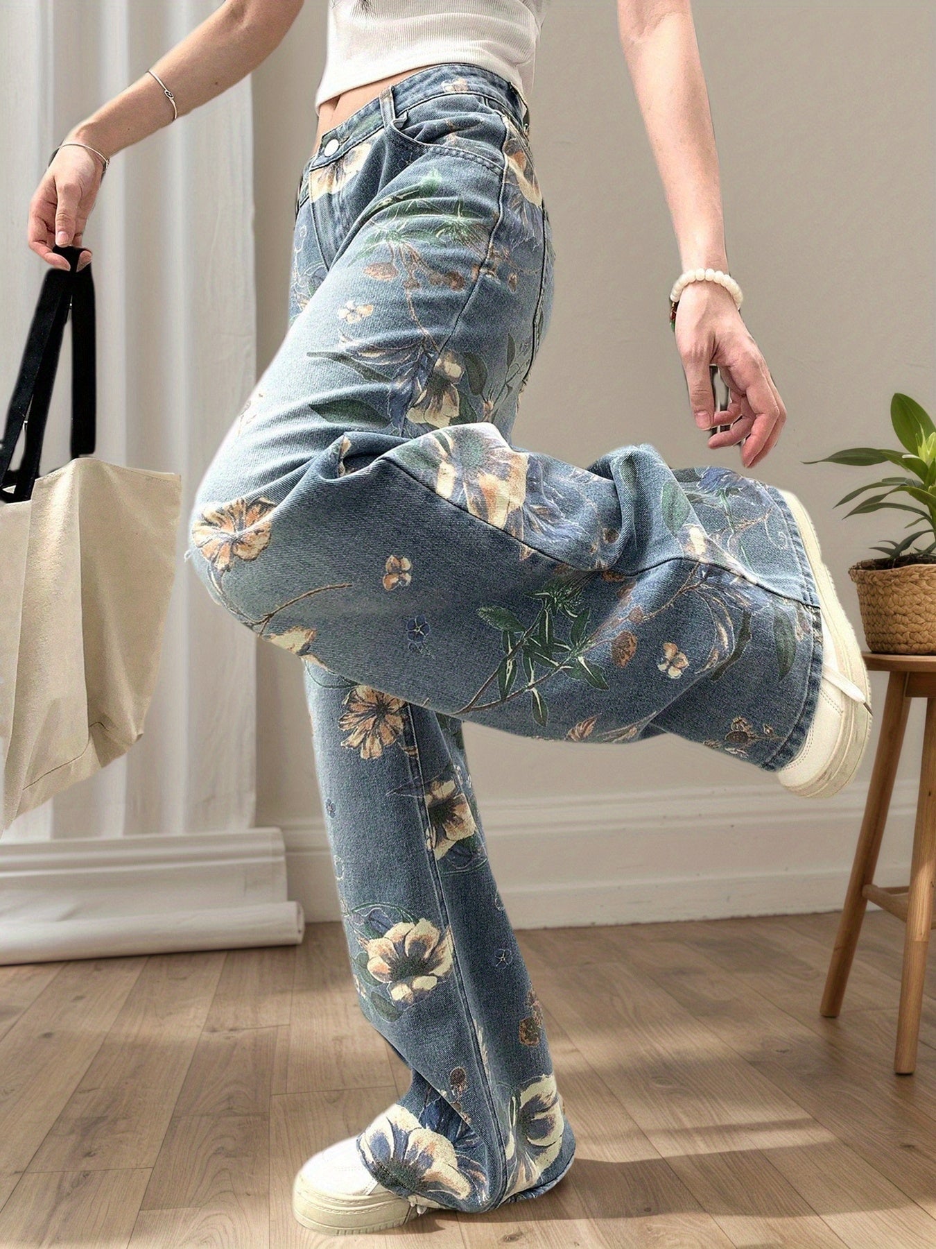 Flvsun-Women'S 90s Vintage Floral Print High Waisted Straight Leg Jeans