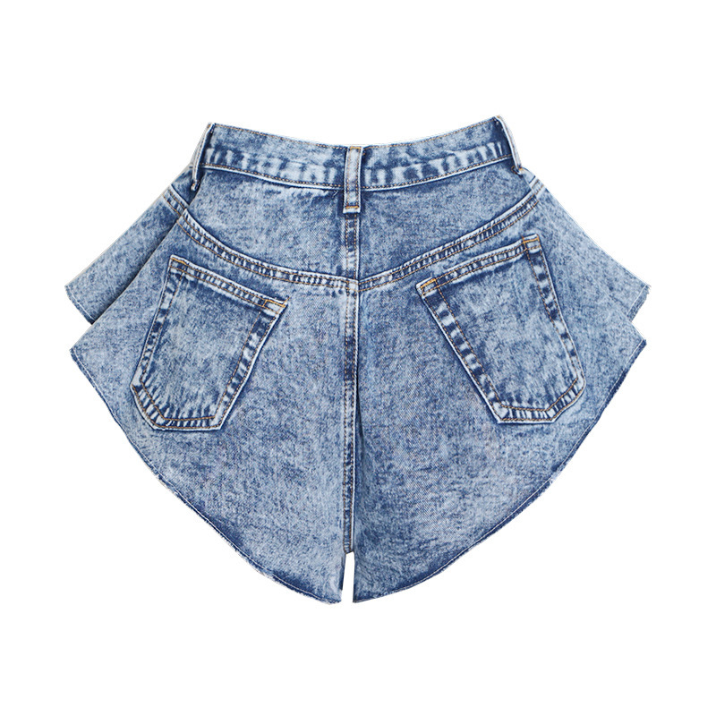 Flvsun-Women's Casual Mid-Rise Flared Denim Shorts - Loose Fit Button Closure, Water-Washed Denim Texture