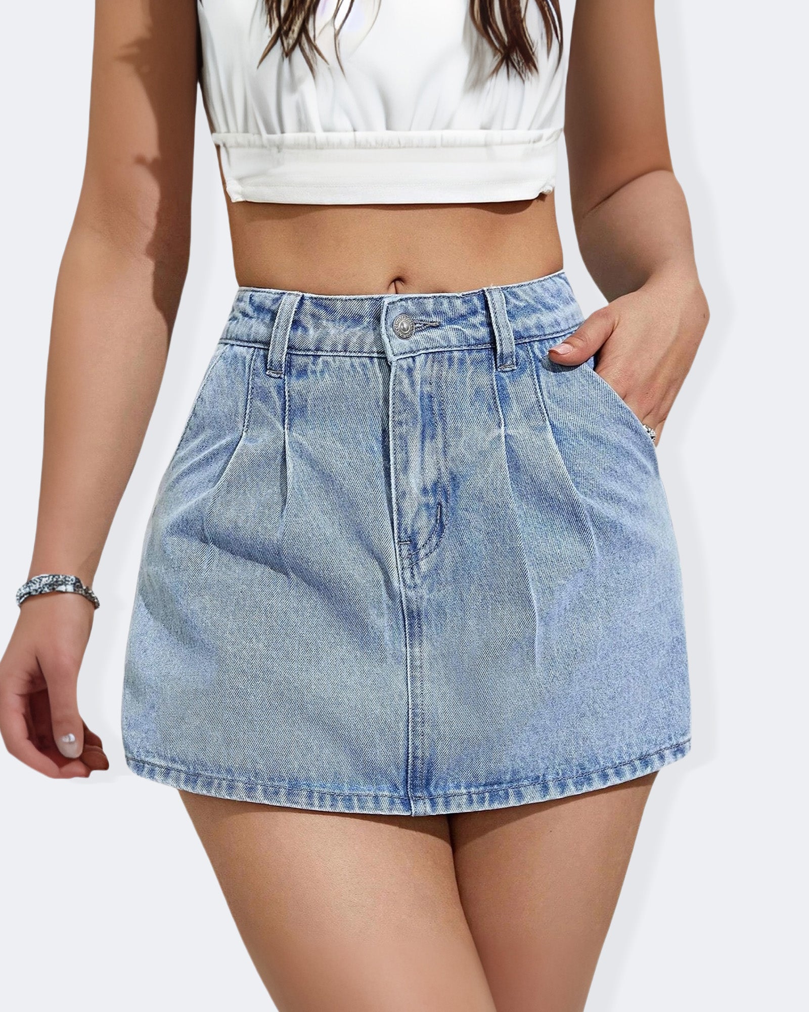 Flvsun-Women's Denim Skirt High Waist Casual Denim Skort Women Mini Jean Skirt Shorts Fold Pleated Design
