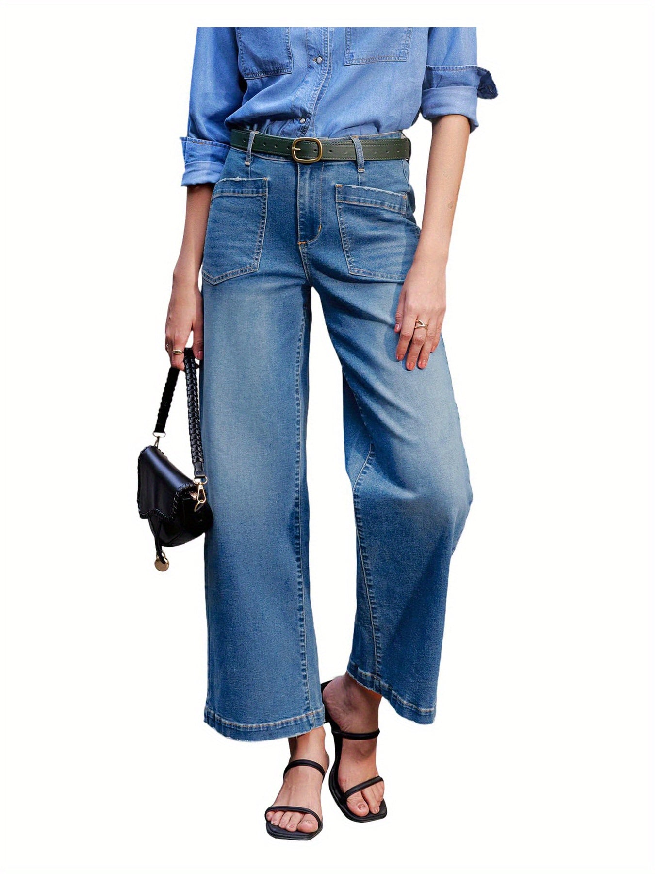 Flvsun-Women'S High-Waisted Stretch Denim Wide-Leg Pants