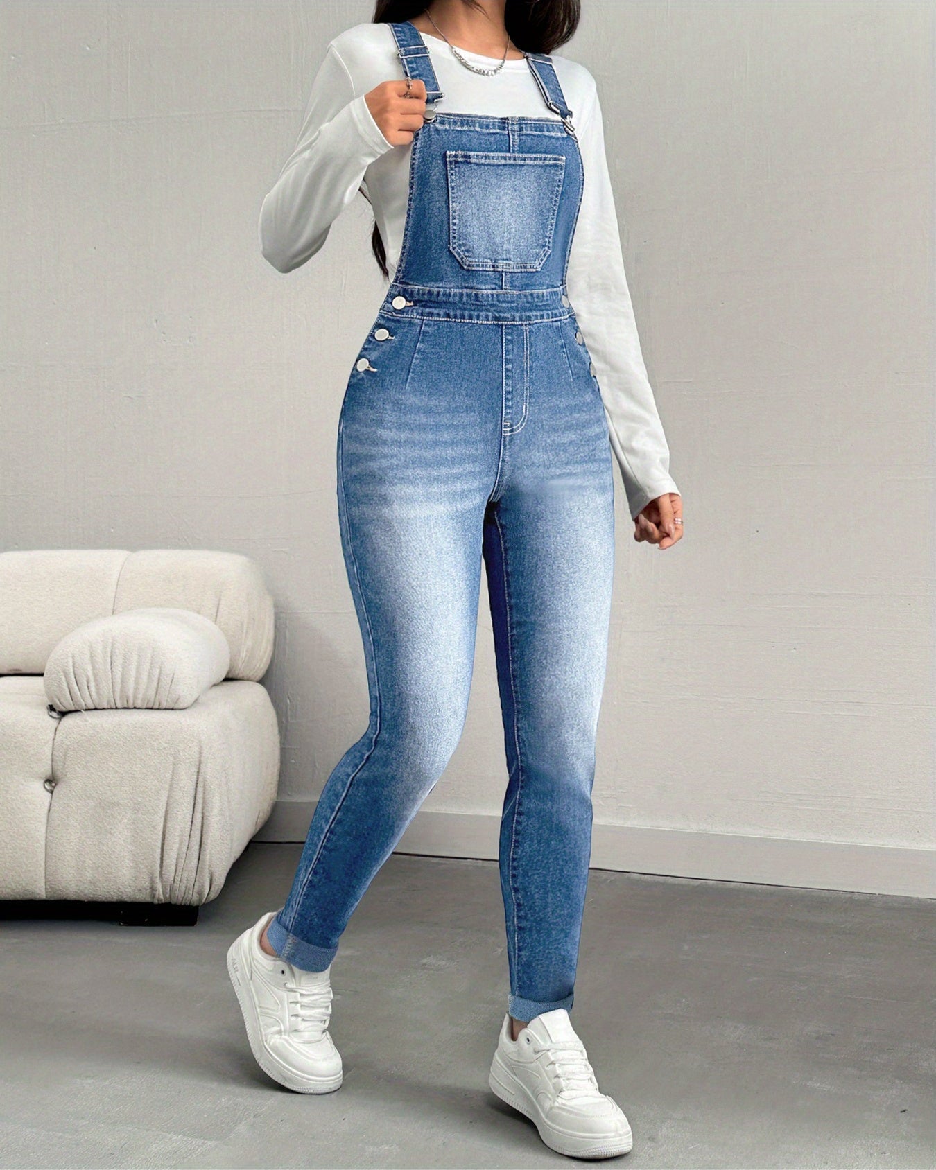 Flvsun-Women's Skinny Back Pants with Adjustable Straps - High-Stretch Denim, Classic Elegant Style