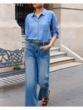 Flvsun-Women'S High-Waisted Stretch Denim Wide-Leg Pants