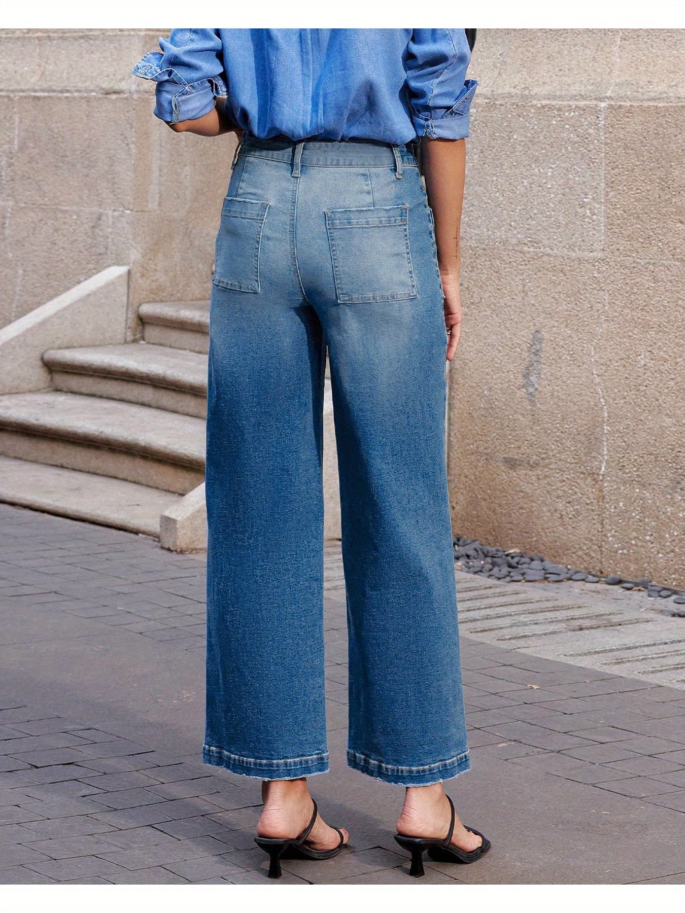 Flvsun-Women'S High-Waisted Stretch Denim Wide-Leg Pants