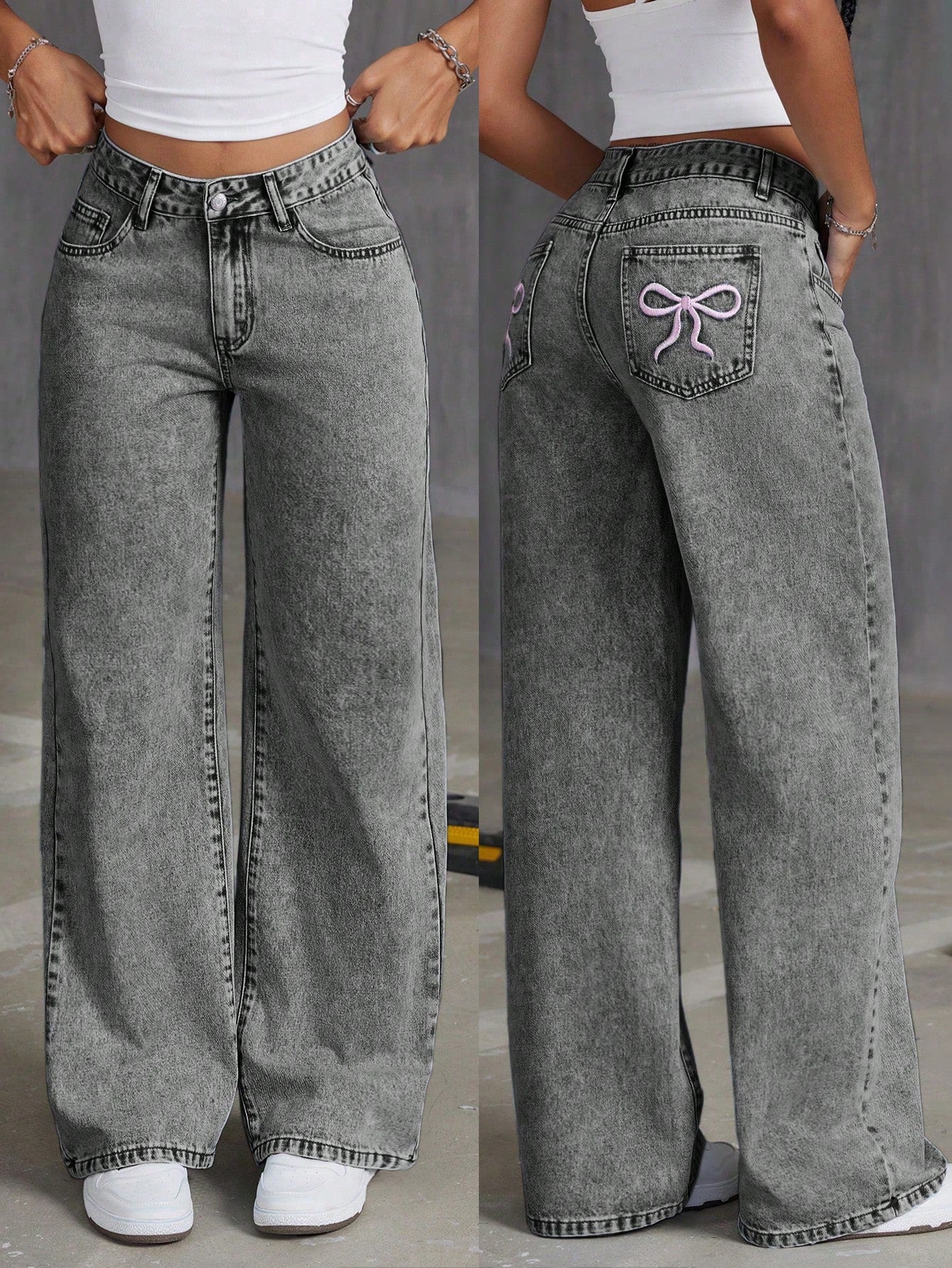 Flvsun-Women Embroidered Bowknot Washed Denim Jeans