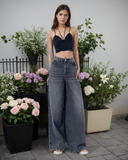 Flvsun-Women's High Waist Jeans SolidWaist Adjusting Buckle Wide LegDenim Jeans-Dark Grey Jeans