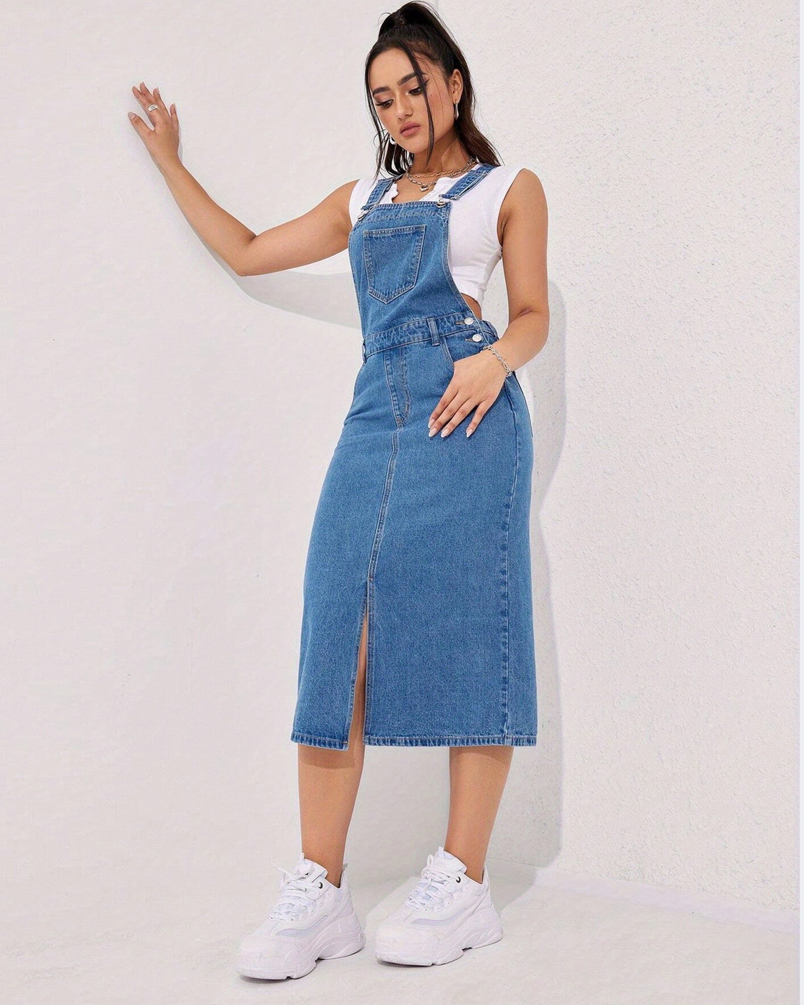 Flvsun-Women's Classic Denim Overalls Skirt with Adjustable Straps