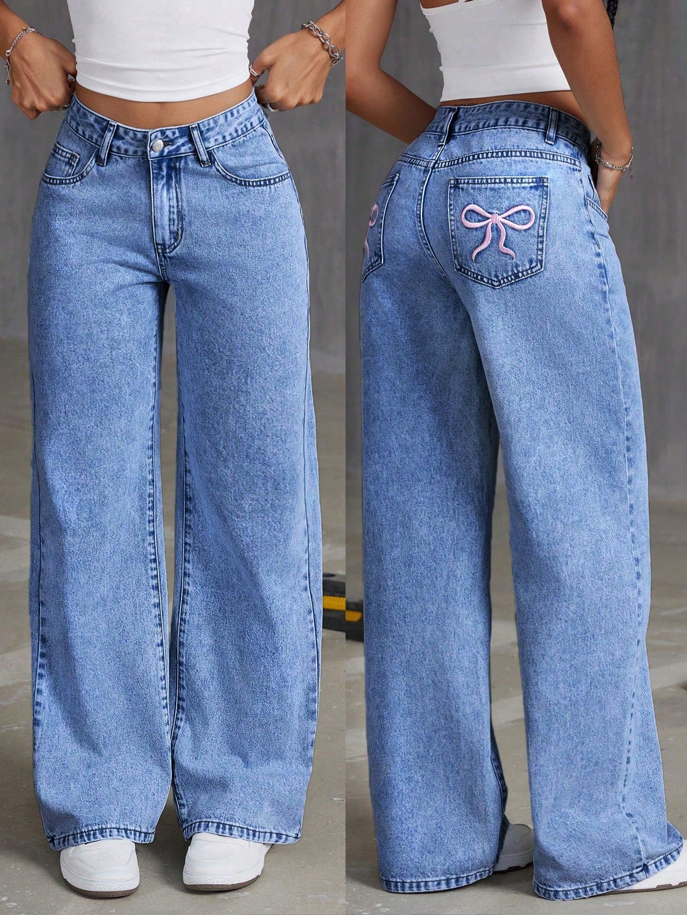 Flvsun-Women Embroidered Bowknot Washed Denim Jeans