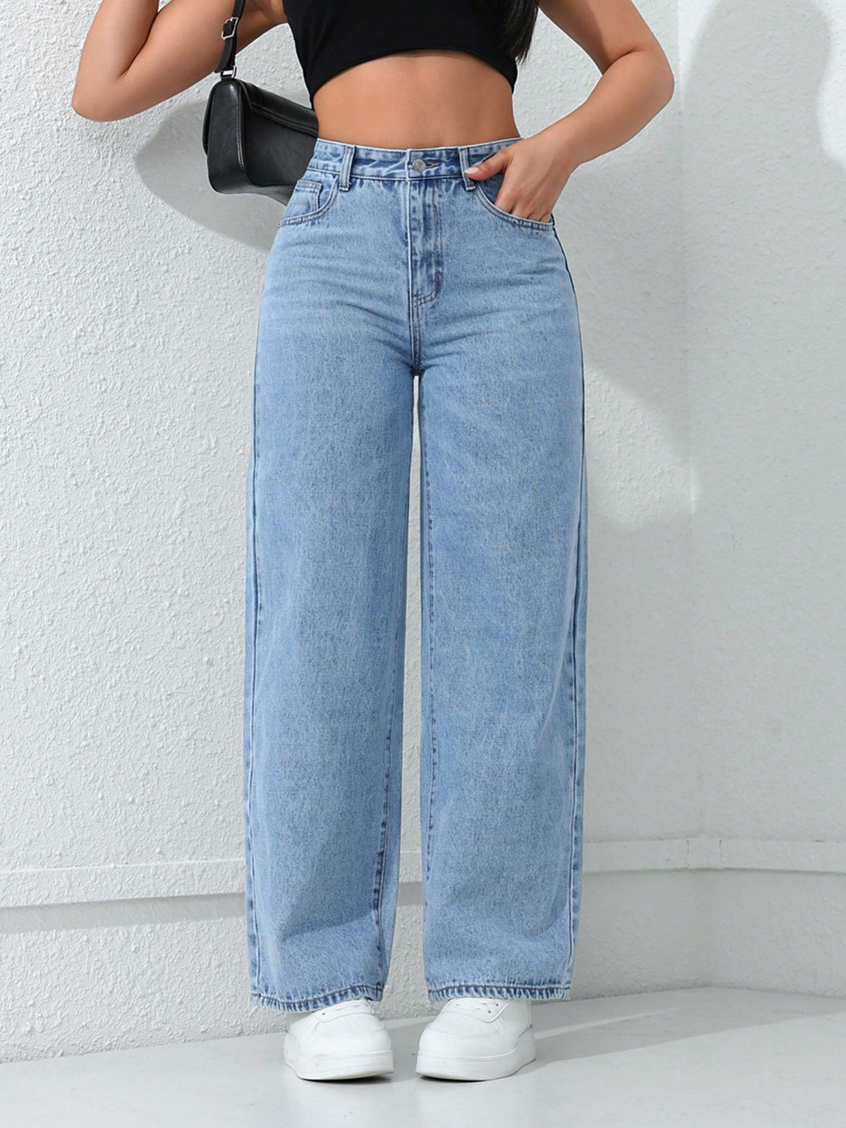Flvsun-Solid High Waist Wide Leg Slant Pocket Jeans