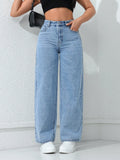 Flvsun-Solid High Waist Wide Leg Slant Pocket Jeans