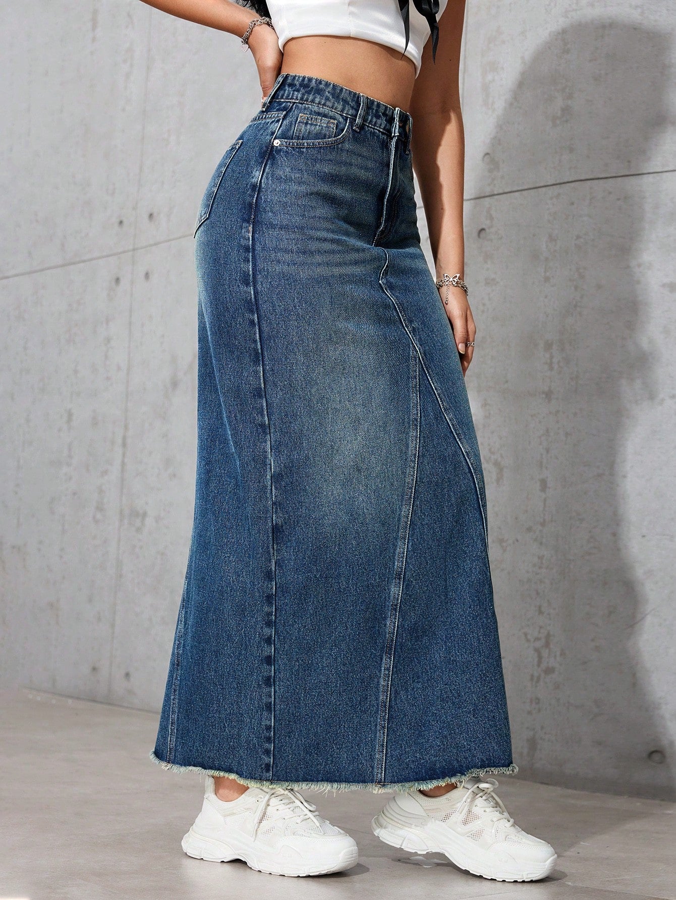 Flvsun-Casual Washed Frayed Hem Long Denim Skirt