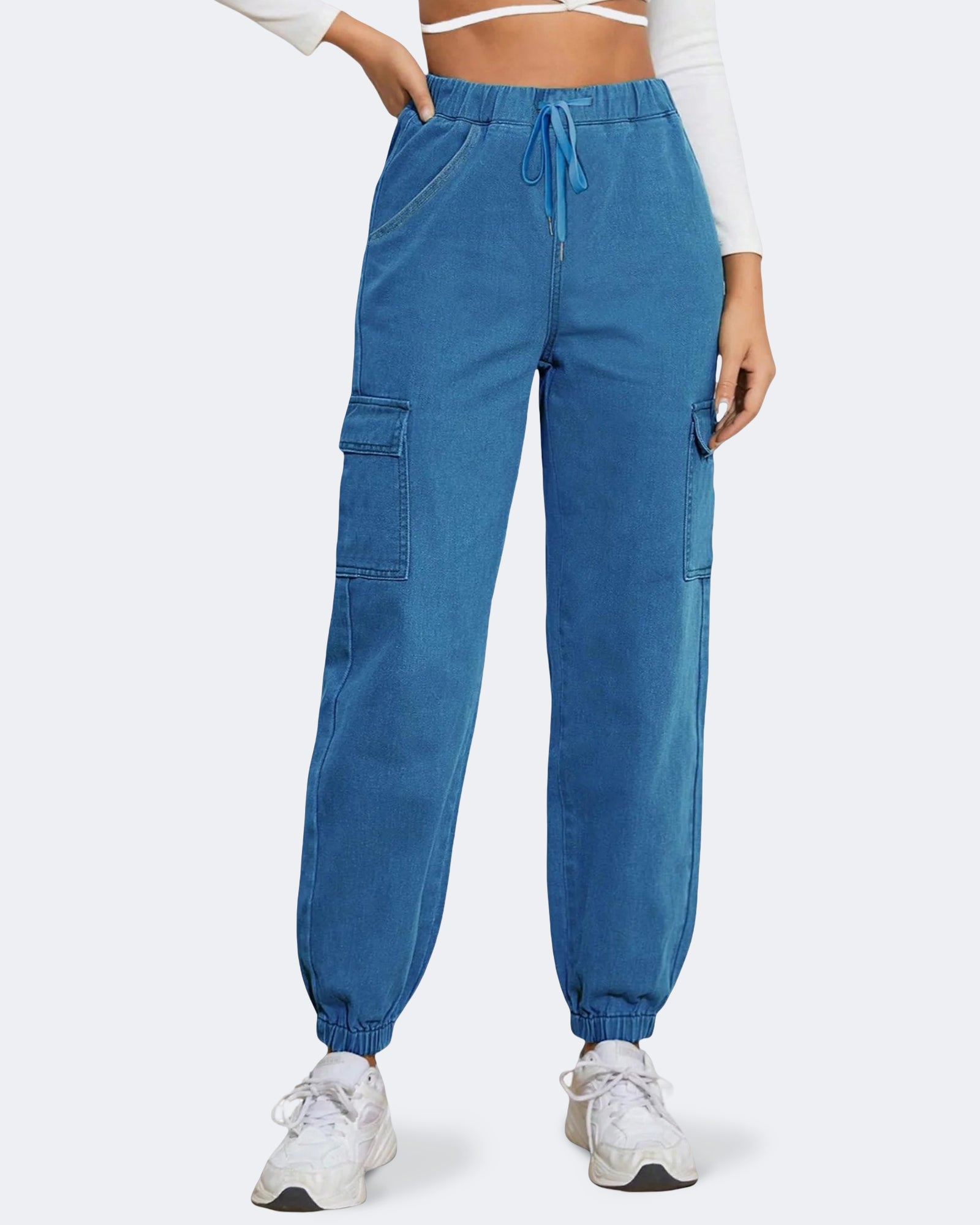 Flvsun-Women's Casual Pants High Waist Drawstring Elastic Waist Jeans