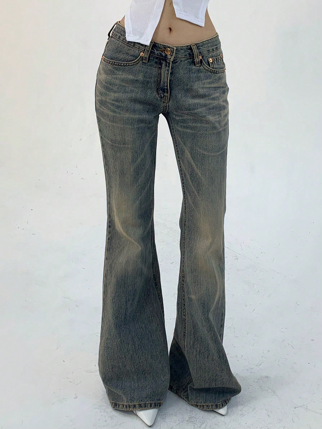 Flvsun-Women's Pocketed Casual Flare Leg Denim Jeans Y2k