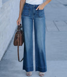 Flvsun-Womens Wide Leg High Waisted Sailor Jeans Trendy Cropped Baggy Denim Pants with Patch Pockets