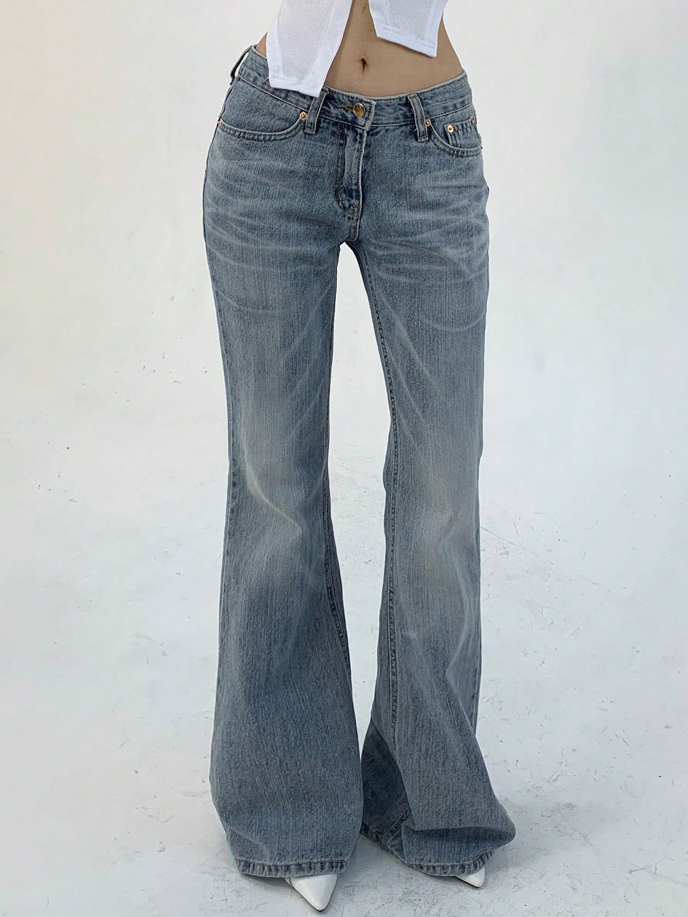 Flvsun-Women's Pocketed Casual Flare Leg Denim Jeans Y2k