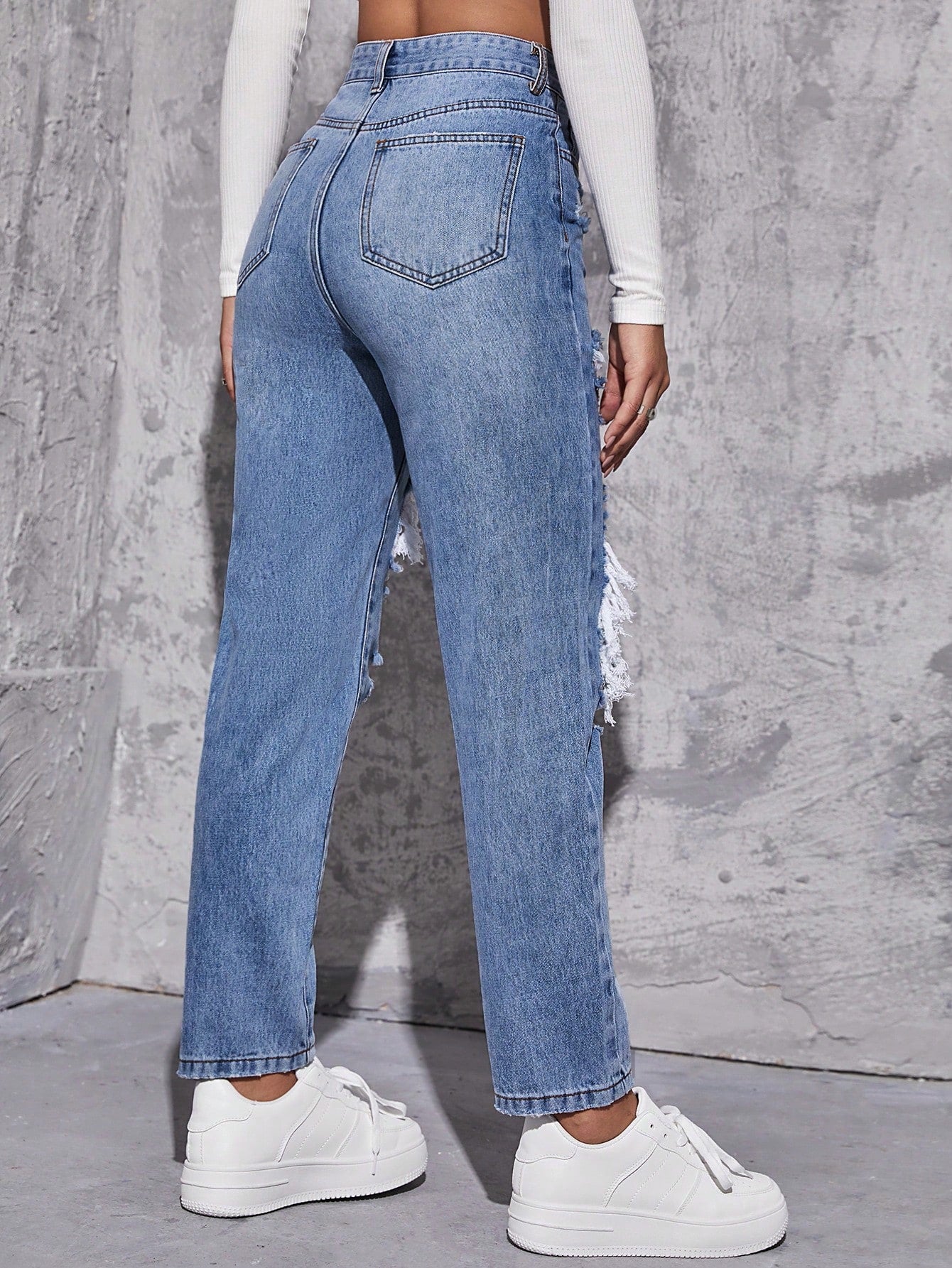 Flvsun-High Waist Ripped Mom Fit Jeans