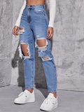 Flvsun-High Waist Ripped Mom Fit Jeans