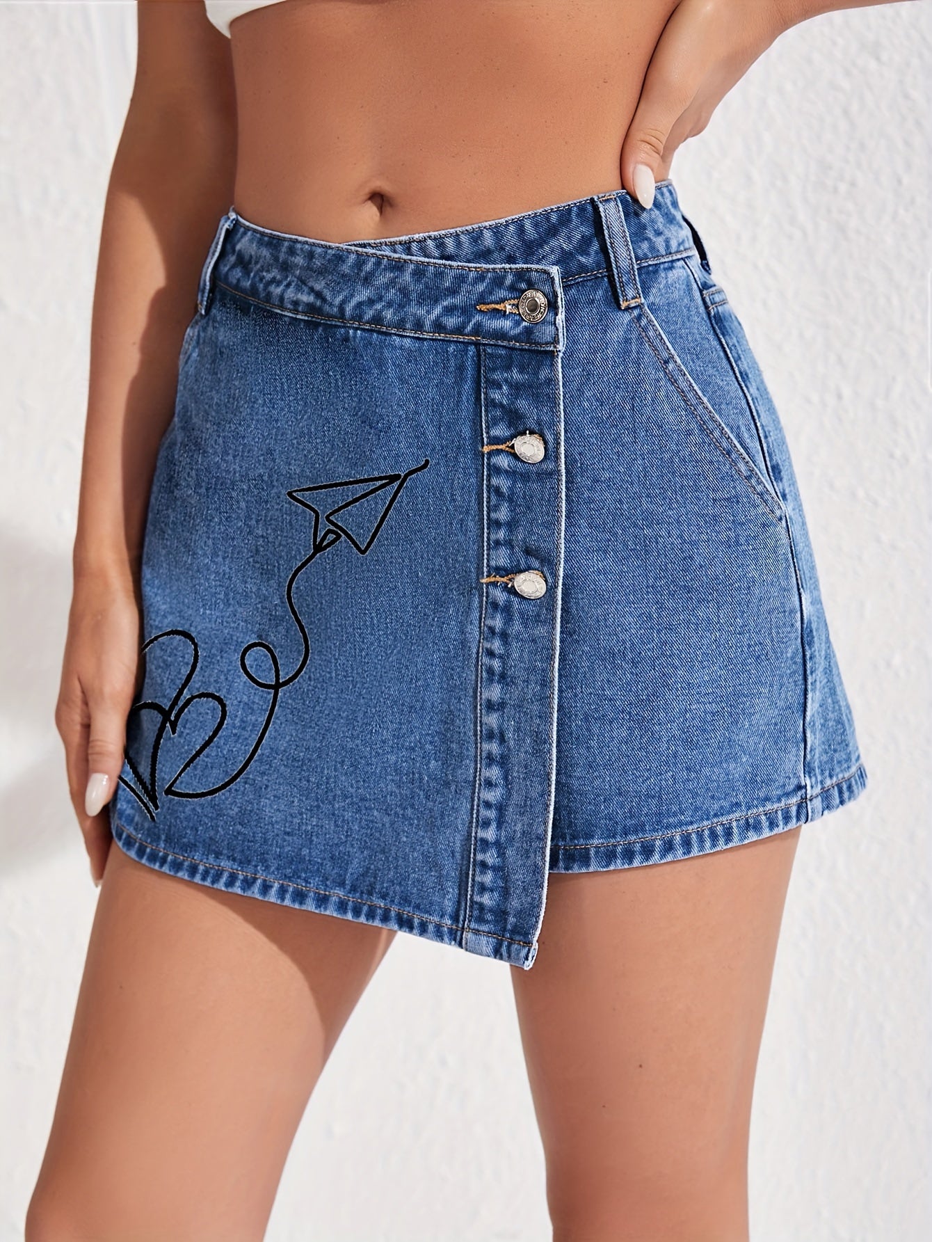 Women's High-Waisted Slim-Fit Asymmetrical Crossover Denim Shorts