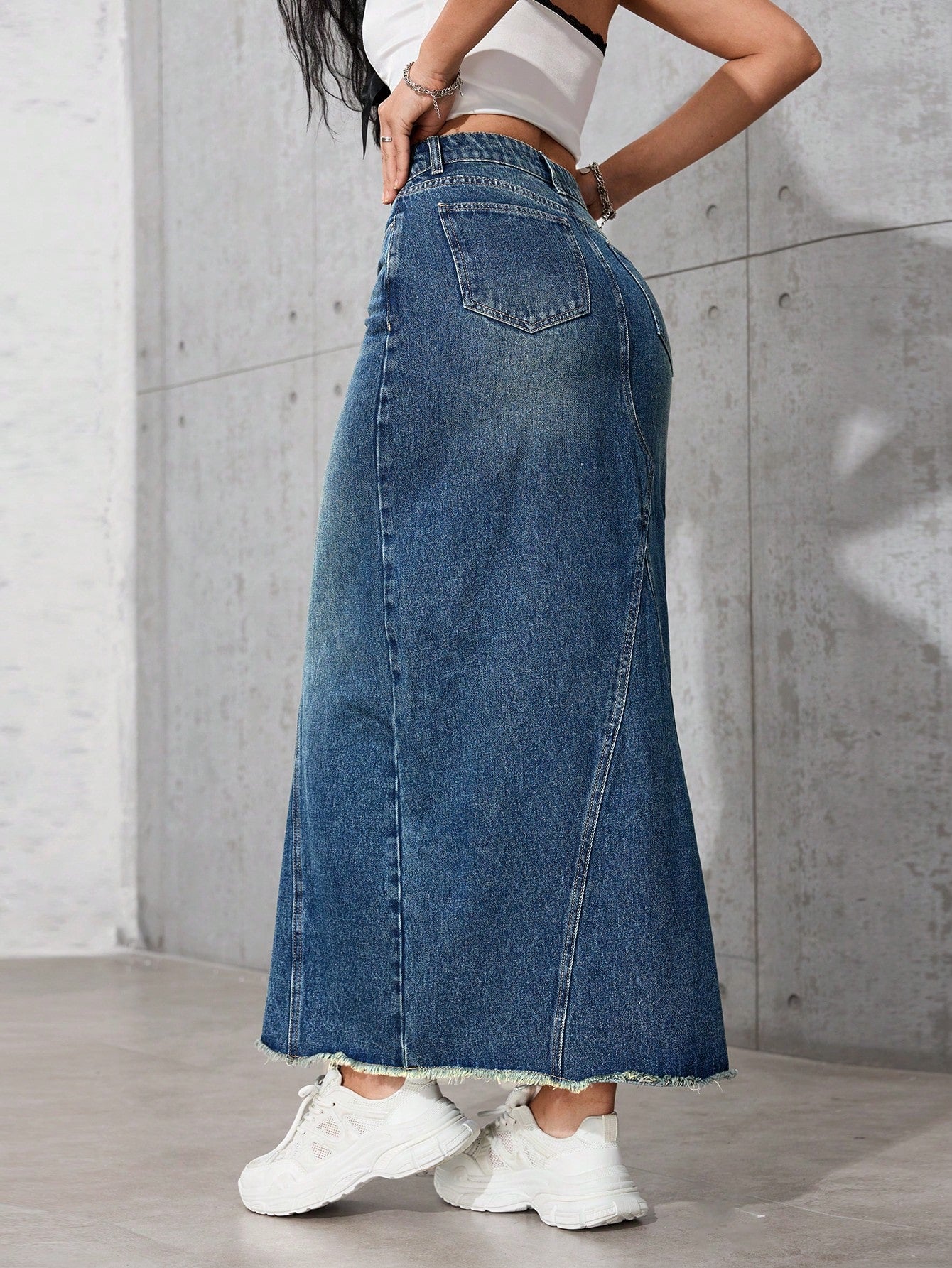 Flvsun-Casual Washed Frayed Hem Long Denim Skirt