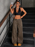Flvsun-Women Front Button Low Waist Leopard Print Washed Straight Leg Jeans, Casual Everyday Wear