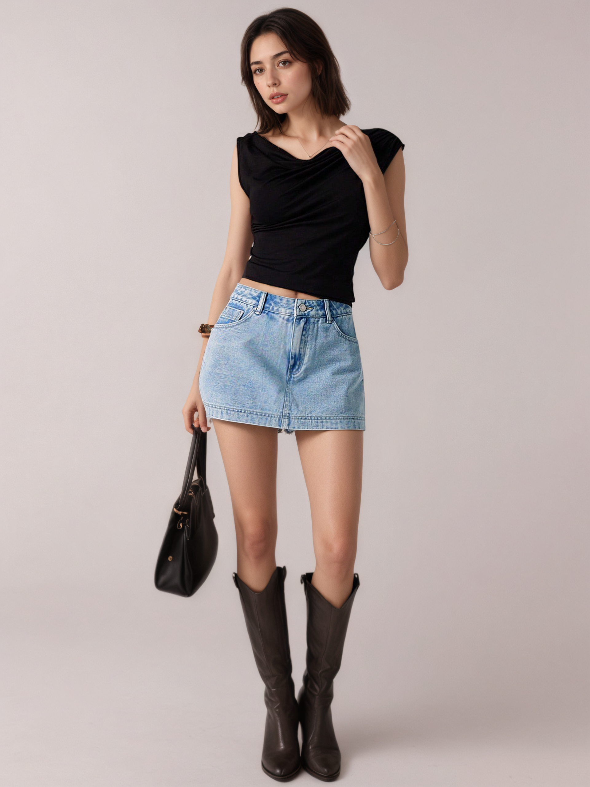 Flvsun-Women's Vintage Street Style Casual Washed Denim Mini Skirt, Spring