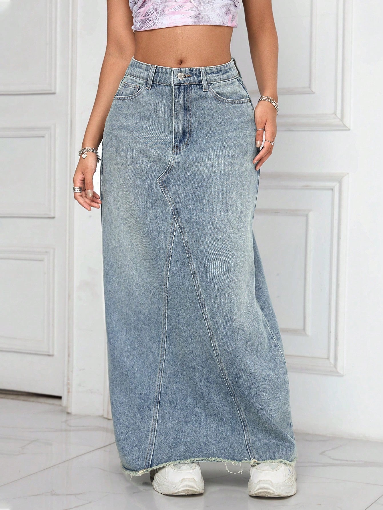 Flvsun-Casual Washed Frayed Hem Long Denim Skirt