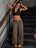 Flvsun-Women Front Button Low Waist Leopard Print Washed Straight Leg Jeans, Casual Everyday Wear
