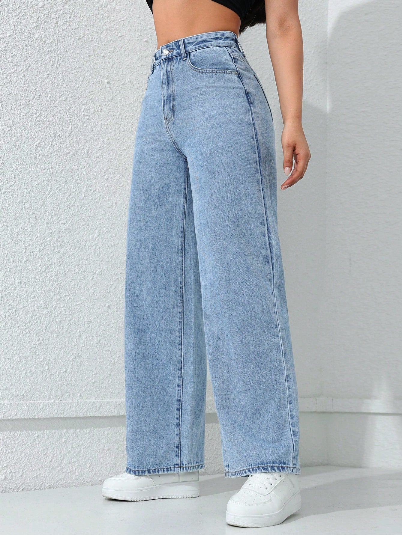 Flvsun-Solid High Waist Wide Leg Slant Pocket Jeans
