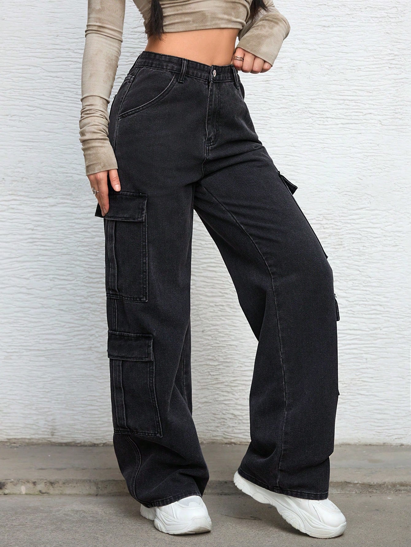 Flvsun-Women's Summer Zipper Fly Flap Pocket Cargo Jeans Y2k