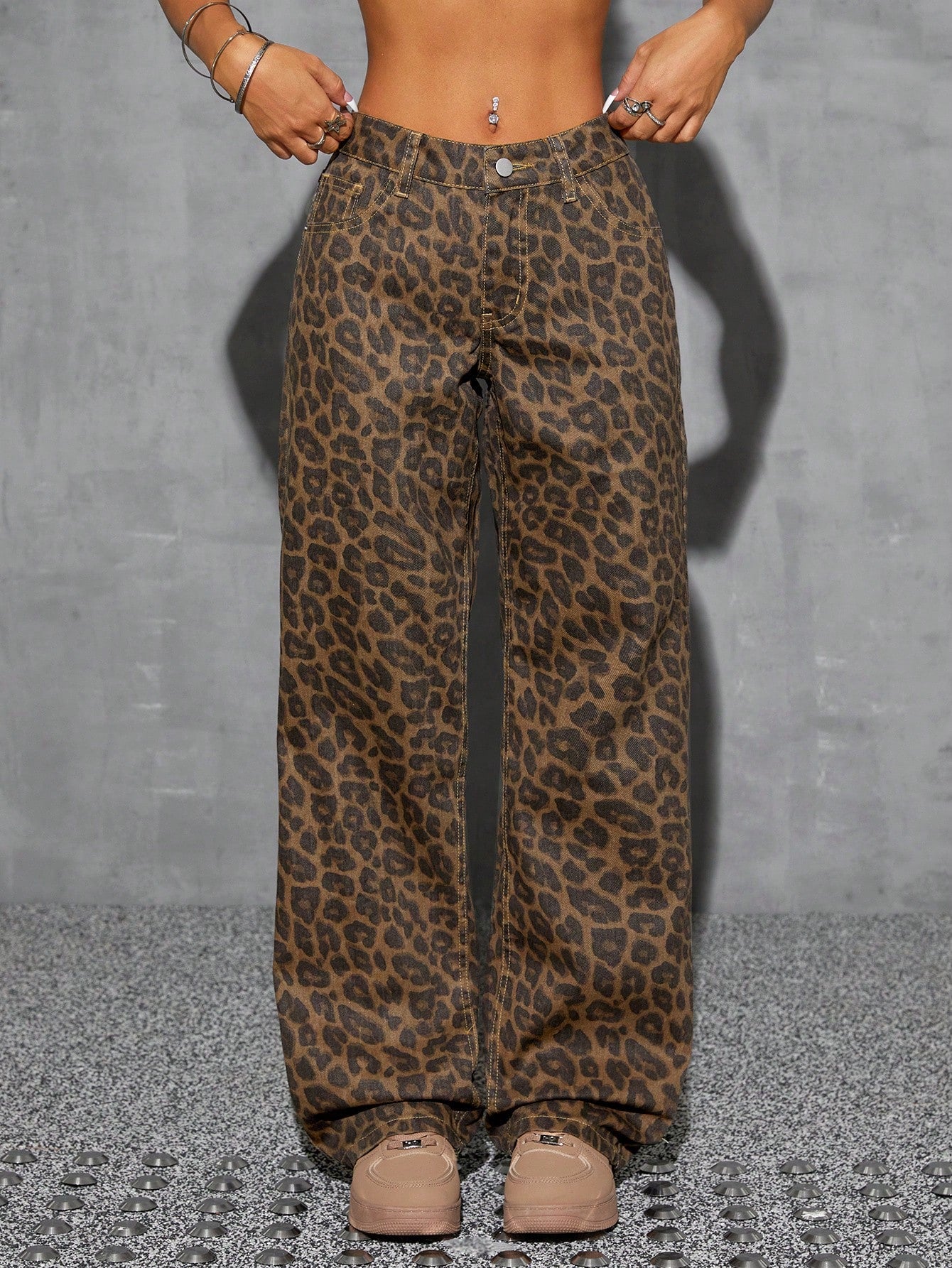 💖Flvsun-Women Front Button Low Waist Leopard Print Washed Straight Leg Jeans, Casual Everyday Wear