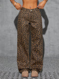 💖Flvsun-Women Front Button Low Waist Leopard Print Washed Straight Leg Jeans, Casual Everyday Wear