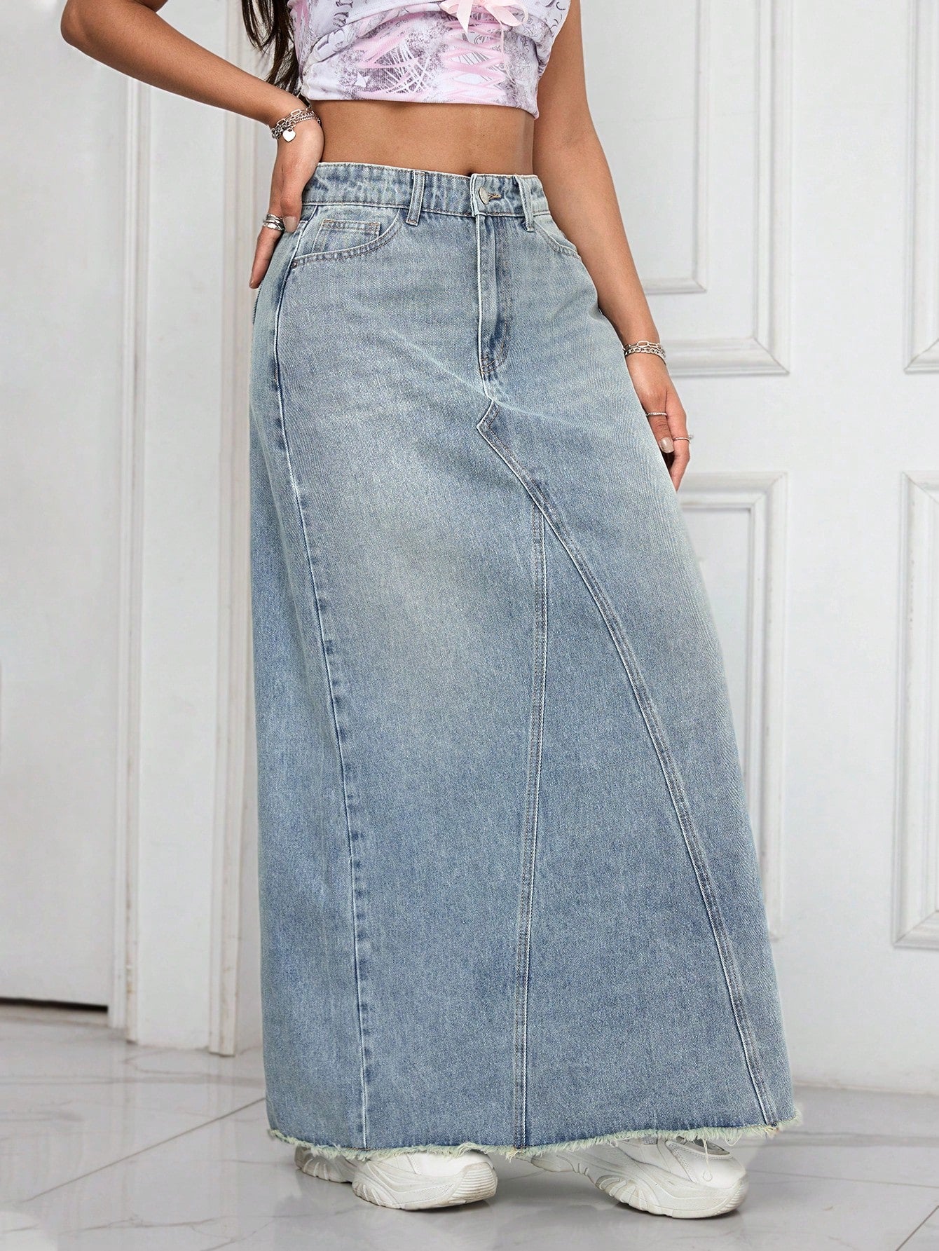 Flvsun-Casual Washed Frayed Hem Long Denim Skirt