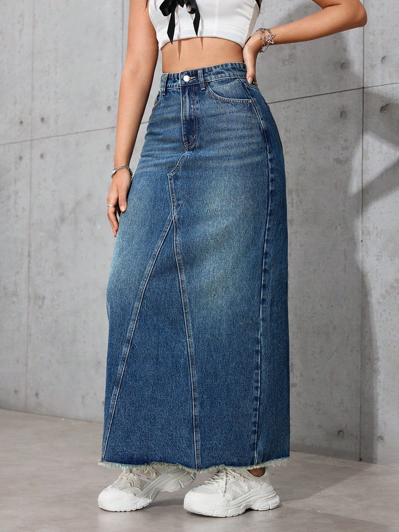 Flvsun-Casual Washed Frayed Hem Long Denim Skirt