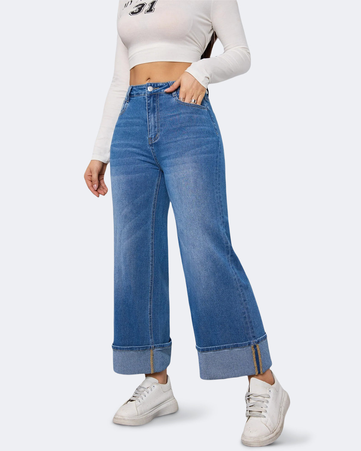 Flvsun-Womens Wide Leg Jeans High Waist Stretchy Straight Leg Cuffed Denim Pants Trendy 2025