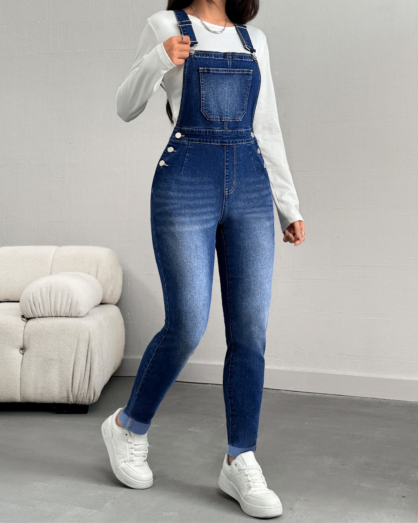 Flvsun-Women's Skinny Back Pants with Adjustable Straps - High-Stretch Denim, Classic Elegant Style