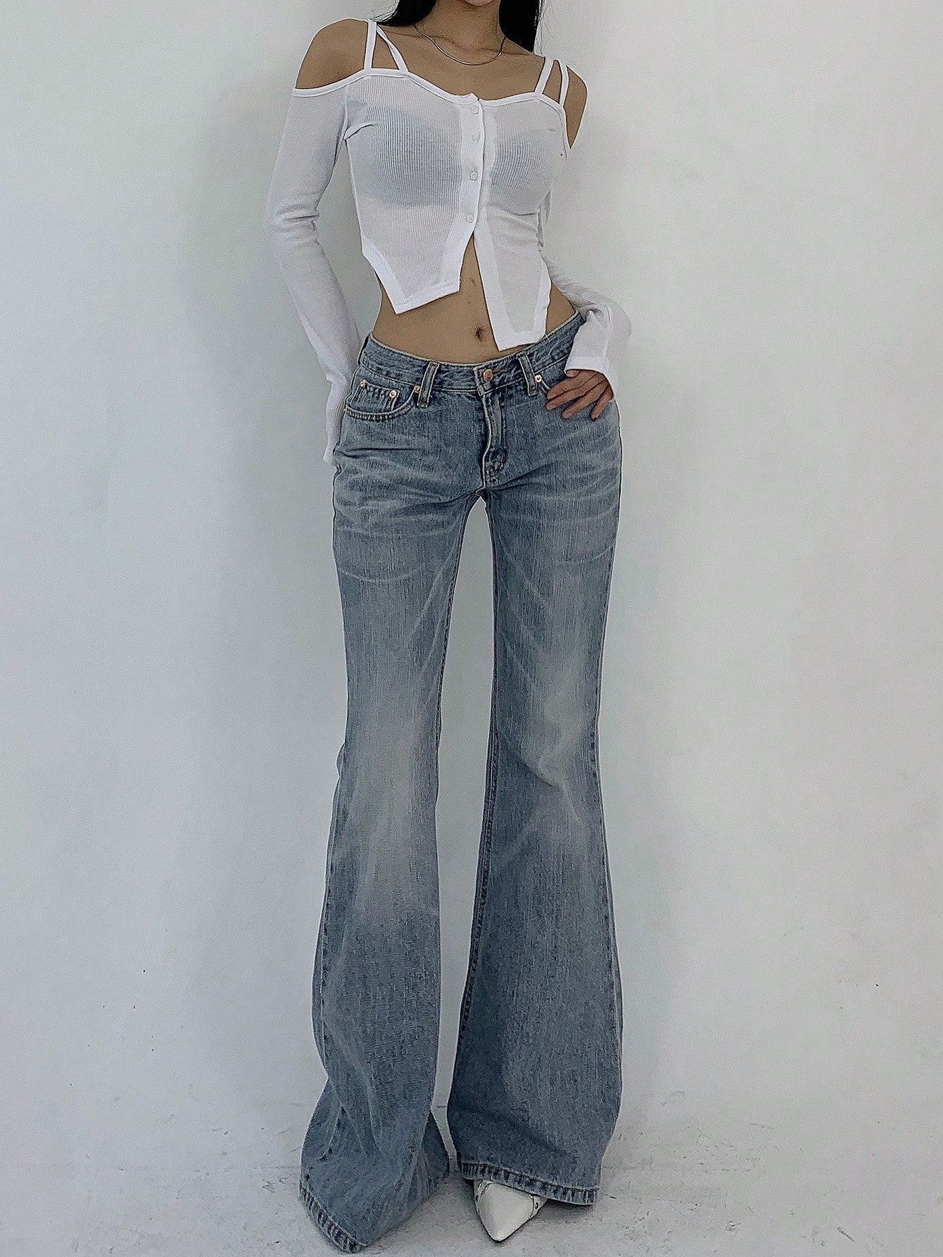 Flvsun-Women's Pocketed Casual Flare Leg Denim Jeans Y2k